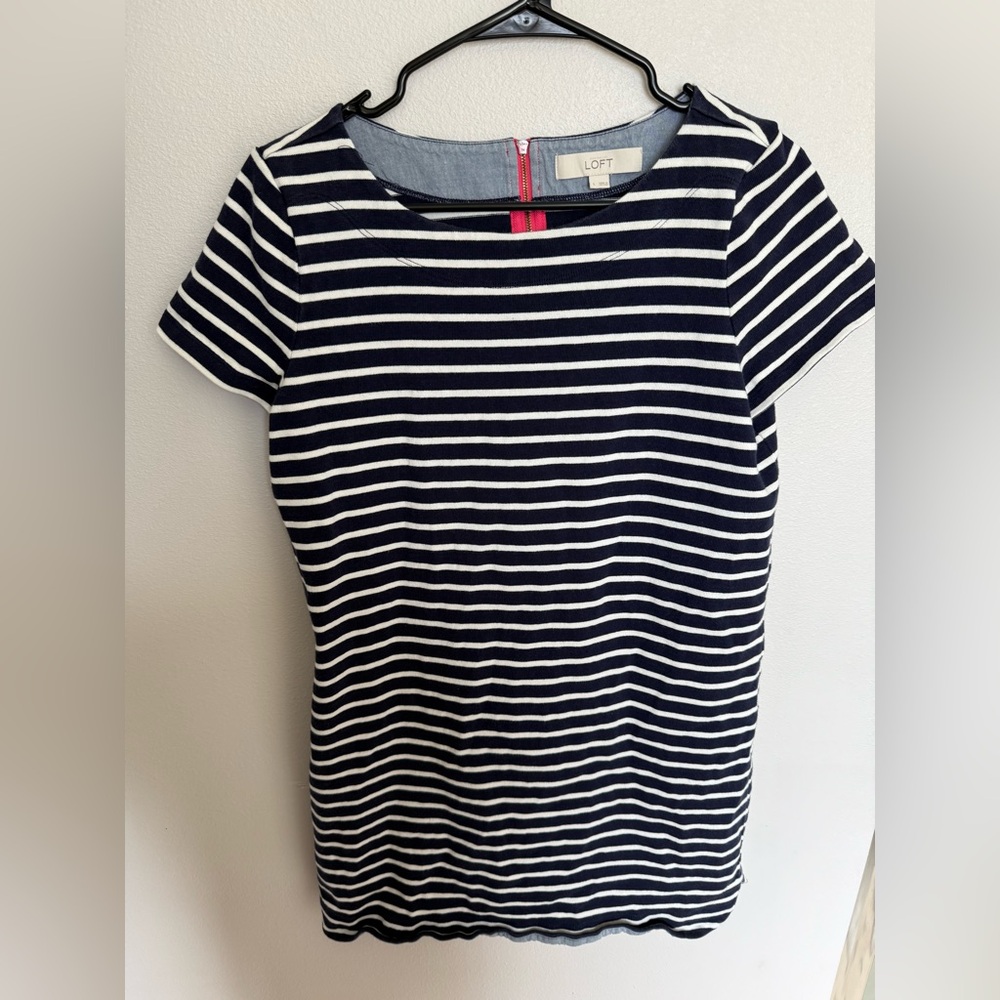 LOFT Navy and White Striped Dress Casual Work Attire Nautical Sailor Size L